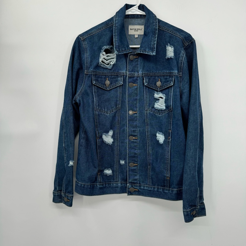 Satin Doll Large Denim Jacket Womens‎ Blue Distressed Ripped Trucker Coat L